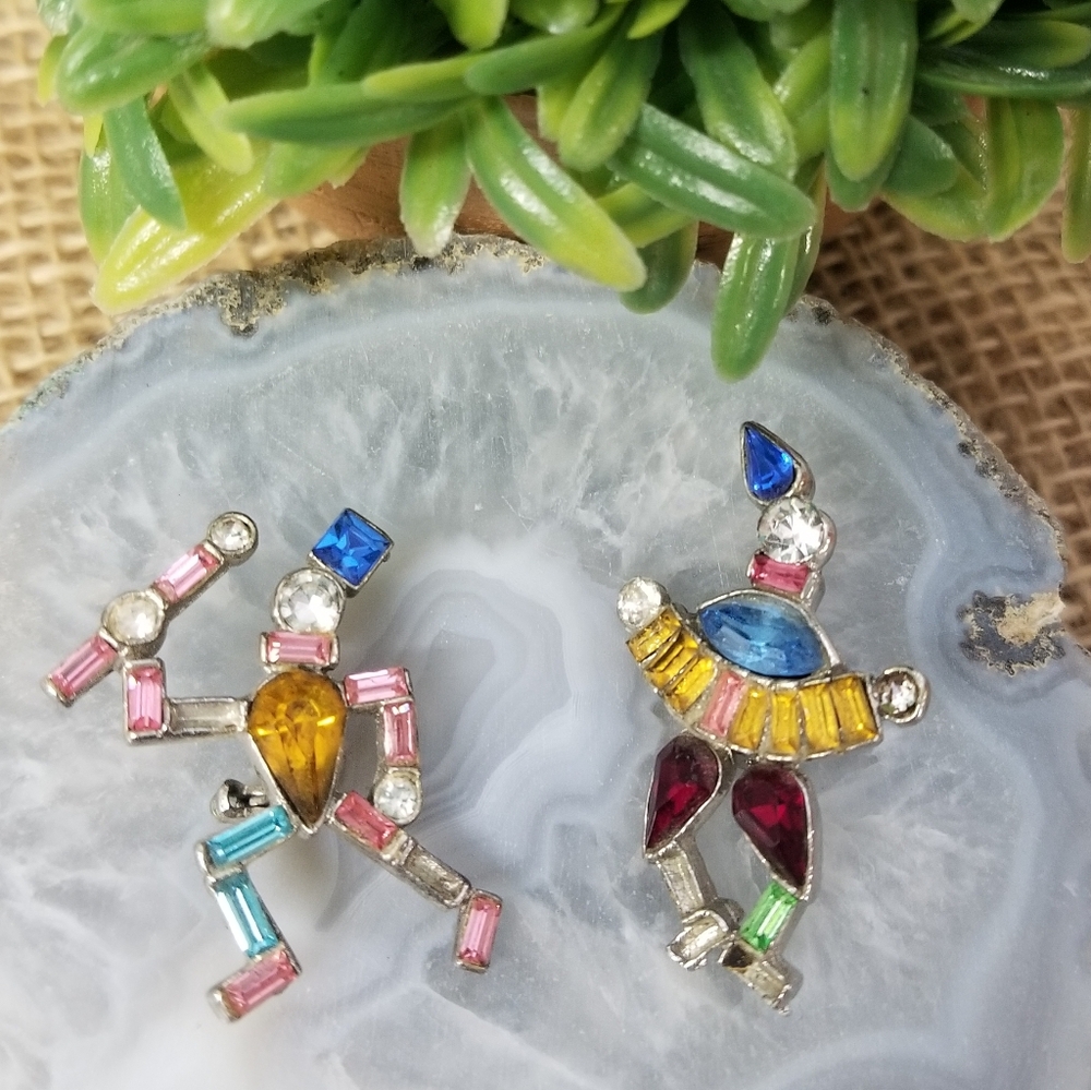 Vintage Rhinestone Clown Brooch Set Of 2
